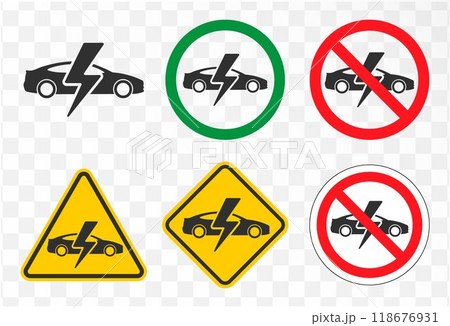 Electrical vehicle traffic sign charging station symbol icon set. Electric car prohibition logo sign collection. Eco transport traffic energy power charge. Vector illustration image. No E cars Allowed Electrical vehicle traffic sign charging station symbol icon set. Electric car prohibition logo sign collection. Eco transport traffic energy power charge. Vector illustration image. No E cars Allowed 118676931