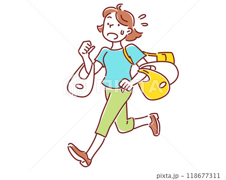 たくさんの買い物袋を持って慌てて走る若い女性 118677311