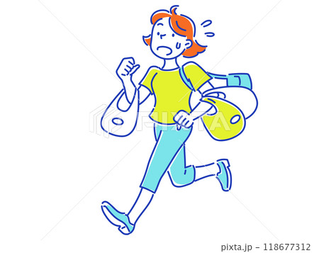 たくさんの買い物袋を持って慌てて走る若い女性 たくさんの買い物袋を持って慌てて走る若い女性 118677312