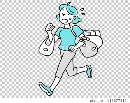 A young woman running in a hurry with many shopping bags 118677313