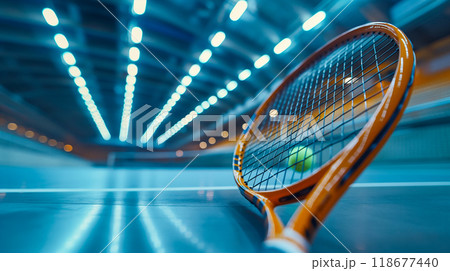 Close Up of a Tennis Racquet String Pattern at Sunset. Generative AI 118677440