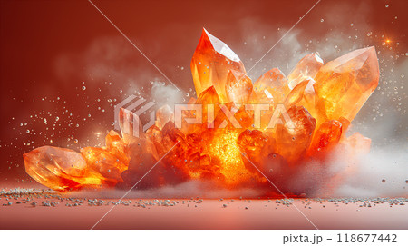 Cluster of vibrant orange crystals with rocky formations, abstract background. Generative AI 118677442