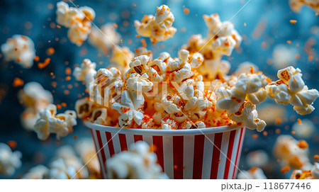 Popcorn leaps from red white striped container, playful movie night cinema background. Generative AI 118677446