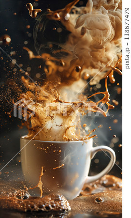 Creamy coffee splashes dramatically from cup with steam and droplets in dimly lit. Generative AI 118677479