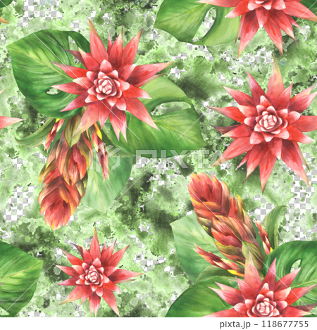 Tropical plant arrangement seamless pattern on watercolor stain splashes background. Red bromeliad flower, buds, anthurium leaf, exotic leaves. Hand drawn illustration. Fabric on isolated background  118677755