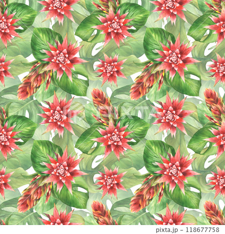 Tropical plant watercolor seamless pattern Green leaves and red flowers summer fabric. Bromeliad buds, exotic greenery. Botanical realistic design Hand drawn illustration on isolated white background  118677758