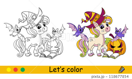 Halloween coloring cute unicorn with a bats vector illustration Halloween coloring cute unicorn with a bats vector illustration 118677854