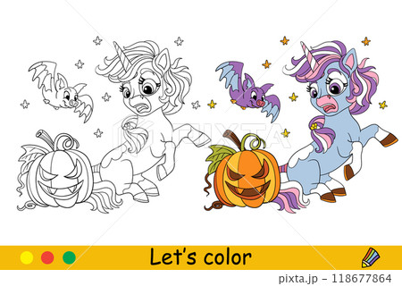 Halloween coloring scared unicorn and pumpkin vector illustration 118677864