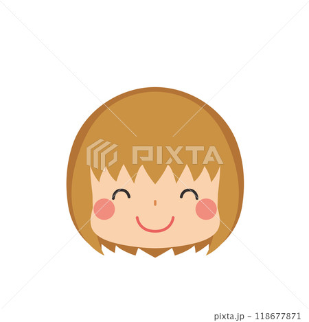 ニコニコ笑う可愛い小さな女の子　絵文字　アイコン　顔　表情　白背景　ベクター 118677871