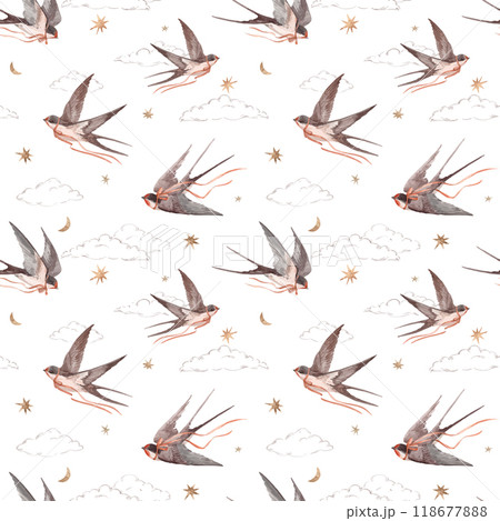 Beautiful seamless pattern with hand drawn watercolor swallows. Martin birds. Stock illustration. Beautiful seamless pattern with hand drawn watercolor swallows. Martin birds. Stock illustration. 118677888