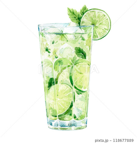 Watercolor vector Mojito illustration. Alcohol long drink clipart. Glass of cocktail. Club shake beverage hand drawn illustration. Stock print. Watercolor vector Mojito illustration. Alcohol long drink clipart. Glass of cocktail. Club shake beverage hand drawn illustration. Stock print. 118677889