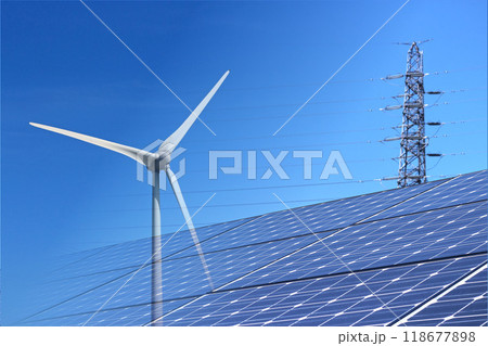風力発電とソーラーパネルと高圧電線の電気のイメージ solar panel windmill ele 風力発電とソーラーパネルと高圧電線の電気のイメージ solar panel windmill ele 118677898