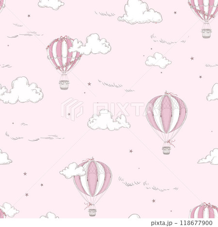 Beautiful seamless pattern with hand drawn air balloons and clouds. Stock illustration. Ready print design. Beautiful seamless pattern with hand drawn air balloons and clouds. Stock illustration. Ready print design. 118677900