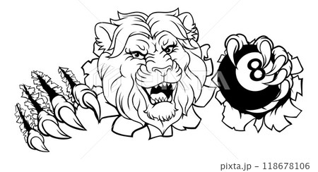 Lion Angry Pool 8 Ball Billiards Mascot Cartoon Lion Angry Pool 8 Ball Billiards Mascot Cartoon 118678106