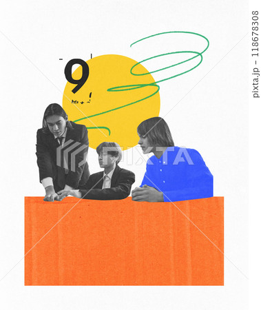 Contemporary art collage. Business professionals review project together. Minimalist design emphasizes collaboration, with bright yellow and orange accents. 118678308