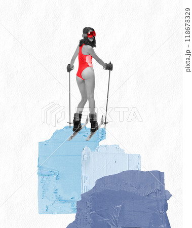 Contemporary art collage. Skier pauses on snow mound, gazing over landscape, capturing serene moment during intense winter sport. Contemporary art collage. Skier pauses on snow mound, gazing over landscape, capturing serene moment during intense winter sport. 118678329