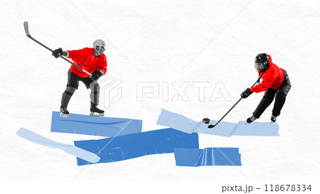 Contemporary art collage. Two hockey players in red uniforms battle for puck, capturing fast-paced intensity and energy of winter sports competition. 118678334