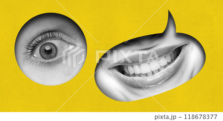 Contemporary art collage. Black-and-white eye and smiling mouth framed in speech bubbles on bright yellow background. 118678377