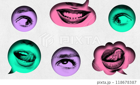 Contemporary art collage. Bright speech bubbles, with close-up of eyes and mouths, scattered on white background with teal, pink, and purple accents. Contemporary art collage. Bright speech bubbles, with close-up of eyes and mouths, scattered on white background with teal, pink, and purple accents. 118678387