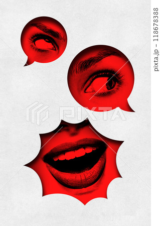 Contemporary art collage. Bold red bubbles featuring close-up eyes and smiling mouth create intense, dramatic contrast on clean white background. Contemporary art collage. Bold red bubbles featuring close-up eyes and smiling mouth create intense, dramatic contrast on clean white background. 118678388