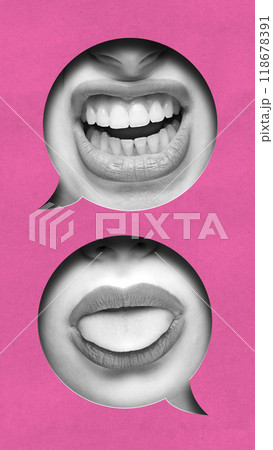 Contemporary art collage. Top speech bubble reveals teeth, shows tongue against pink background, creating playful contrast between two expressions. Contemporary art collage. Top speech bubble reveals teeth, shows tongue against pink background, creating playful contrast between two expressions. 118678391