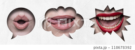 Contemporary art collage. Three expressive lips, from pout to tongue lick, highlighted in speech bubbles on white background, with third mouth colored in vibrant red lipstick. 118678392