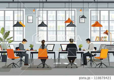 Vector illustration of a modern office space with sleek desks, ergonomic chairs, and employees working on laptops Vector illustration of a modern office space with sleek desks, ergonomic chairs, and employees working on laptops 118678421