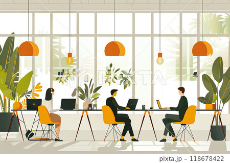 Vector illustration of a modern office space with sleek desks, ergonomic chairs, and employees working on laptops 118678422