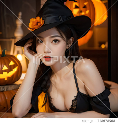 ハロウィンパーティーで魔女の仮装をする女性 118678568