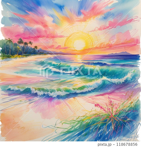 透明水彩画で描かれた夕日と海と浜辺 118678856