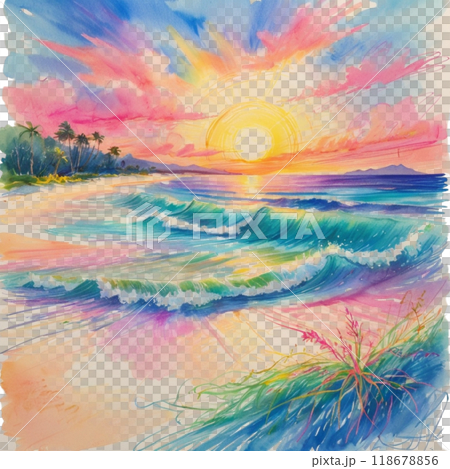 透明水彩画で描かれた夕日と海と浜辺 118678856