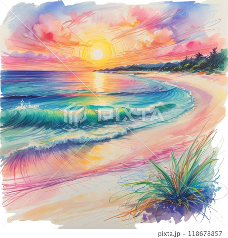 透明水彩画で描かれた夕日と海と浜辺 118678857