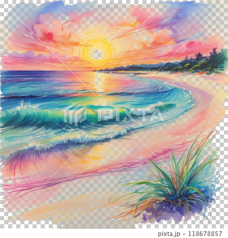 透明水彩画で描かれた夕日と海と浜辺 118678857