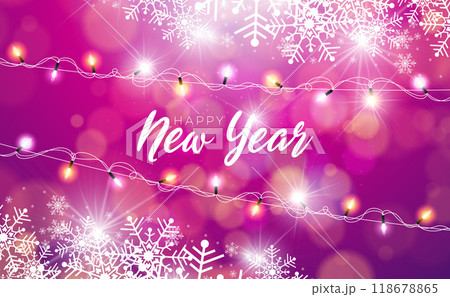 2025 Happy New Year Illustration with Typography Lettering and Glowing Christmas Light Garland on Blue Background. Holiday Design with Falling Serpentine for Flyer, Banner, Greeting Card, Celebration 2025 Happy New Year Illustration with Typography Lettering and Glowing Christmas Light Garland on Blue Background. Holiday Design with Falling Serpentine for Flyer, Banner, Greeting Card, Celebration 118678865