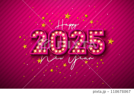 Happy New Year 2025 Illustration with 3d Glowing Light Bulb Billboard Typography Lettering, Christmas Ball and Golden Star on Red Background. Holiday Design for Party Flyer, Celebration Banner 118678867