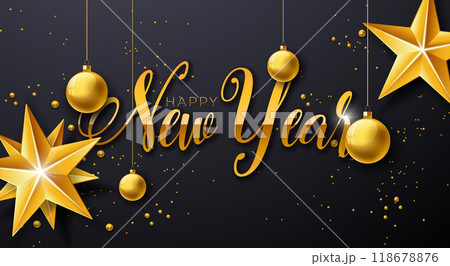 2025 Happy New Year Illustration with Gold Typography Lettering, Christmas Ball and Star on Black Background. Holiday Design for Flyer, Banner, Greeting Card, Celebration Poster, Party invitation or 2025 Happy New Year Illustration with Gold Typography Lettering, Christmas Ball and Star on Black Background. Holiday Design for Flyer, Banner, Greeting Card, Celebration Poster, Party invitation or 118678876