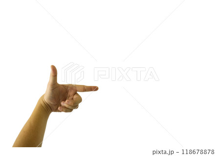 A close-up image of a man is hand pointing at something against a white background, 118678878