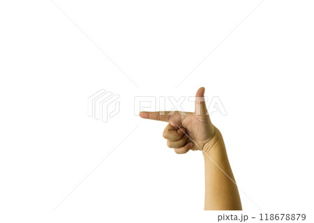 A close-up of a man is hand pointing at something against a white background, 118678879