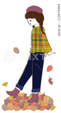 落ち葉の上を歩くチェックのトップスの女の子 118678964