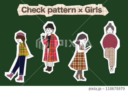 チェックパターンの女の子のイラストセット チェックパターンの女の子のイラストセット 118678970