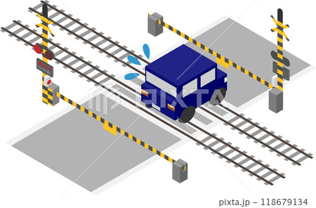 アイソメトリックな踏切に立ち往生した車のイメージ素材 118679134