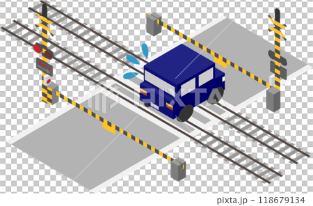 アイソメトリックな踏切に立ち往生した車のイメージ素材 118679134
