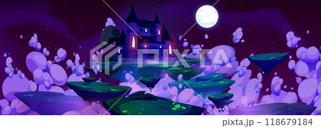 Fairy castle on flying islands in sky at night 118679184