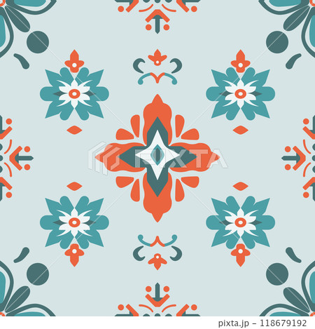 Cross Stitch embroidery oriental, ethnic geometric fabric pattern Cross Stitch embroidery oriental, ethnic geometric fabric pattern 118679192