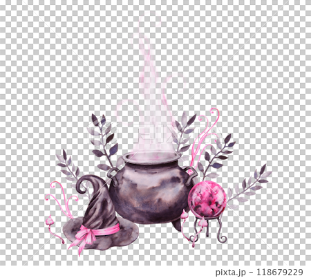 Halloween, sabbath clipart. Black cauldron with potion, poisonous mushrooms, witch hat, pink magic ball of predictions for mysterious fortune telling. Watercolor hand drawn cut out isolated picture 118679229