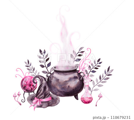 Halloween clipart. Black cauldron with potion, poisonous mushrooms, witch hat, glass transparent bottle with pink liquid, magic ball of predictions for fortune telling. Watercolor hand drawn cut out Halloween clipart. Black cauldron with potion, poisonous mushrooms, witch hat, glass transparent bottle with pink liquid, magic ball of predictions for fortune telling. Watercolor hand drawn cut out 118679231