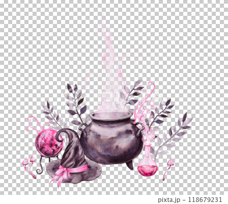 Halloween clipart. Black cauldron with potion, poisonous mushrooms, witch hat, glass transparent bottle with pink liquid, magic ball of predictions for fortune telling. Watercolor hand drawn cut out Halloween clipart. Black cauldron with potion, poisonous mushrooms, witch hat, glass transparent bottle with pink liquid, magic ball of predictions for fortune telling. Watercolor hand drawn cut out 118679231