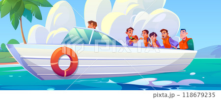 Happy boy with treasure chest on motor boat Happy boy with treasure chest on motor boat 118679235
