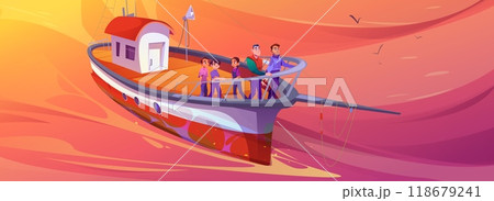 Men and teens tourists on fishing boat on sunrise Men and teens tourists on fishing boat on sunrise 118679241