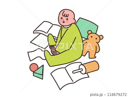 散らかった部屋で遊んでいる赤ちゃん 118679272